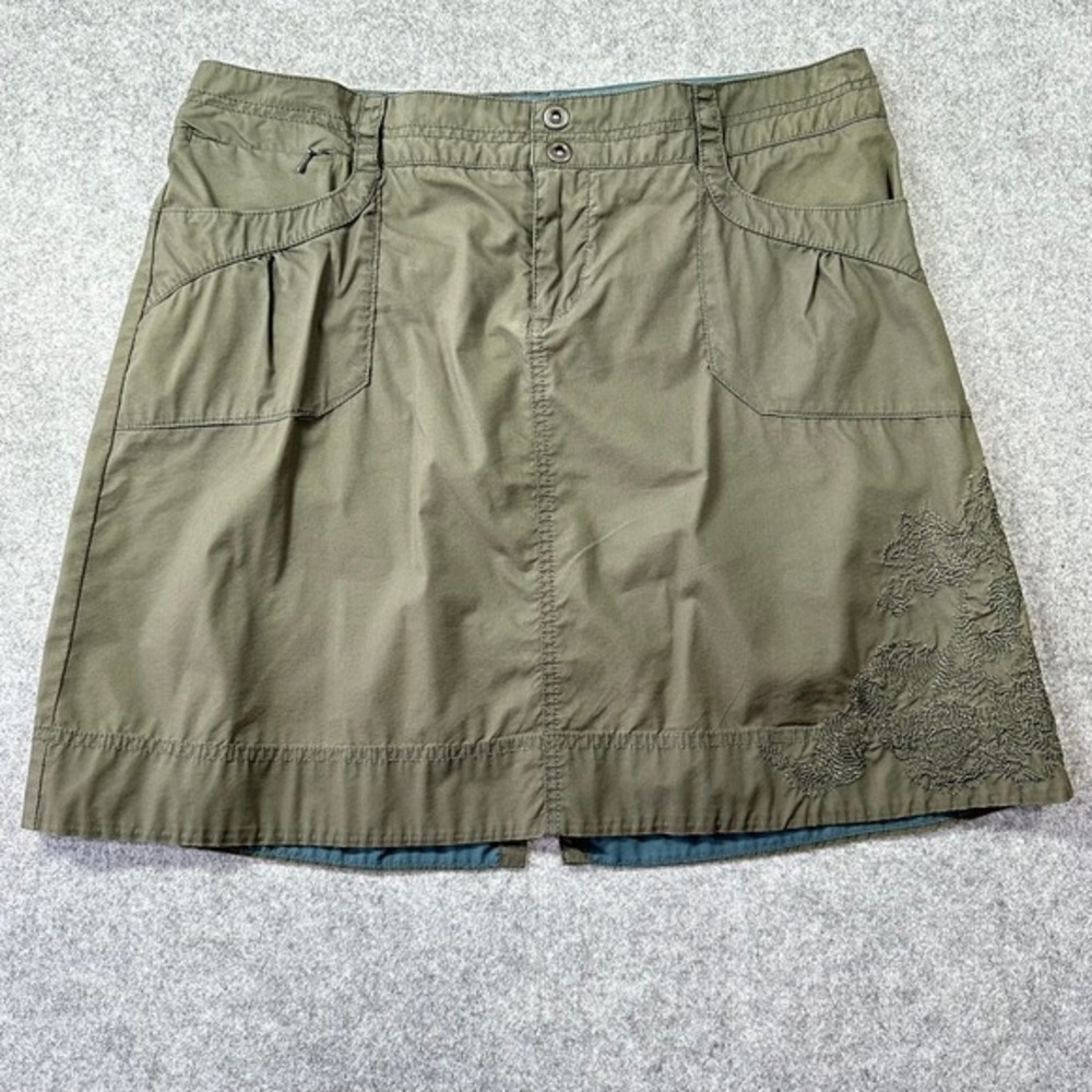 REI Womens Size 10 Olive Green Cargo Mini Skirt Floral Embroidery Utility Casual